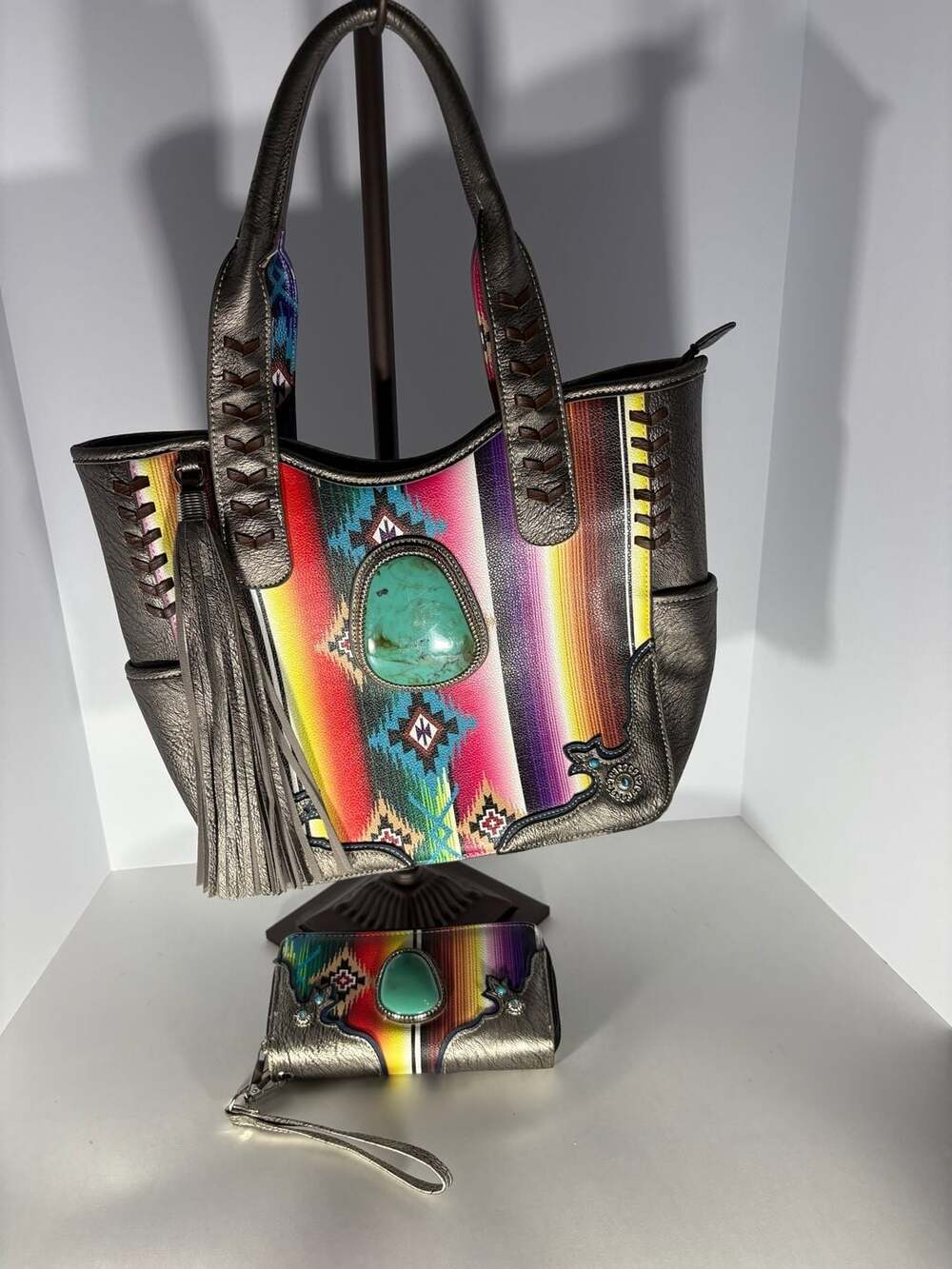 Cowgirl Trendy Southwestern Aztec Tapestry Tote Bag with Turquoise Stone and Tas